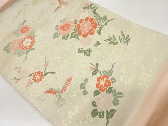 鶴・花々に菱模様織出し名古屋帯